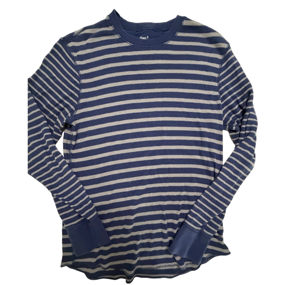 Gap Mens Small Blue Gray Striped Waffle Knit Thermal Long Sleeve Shirt